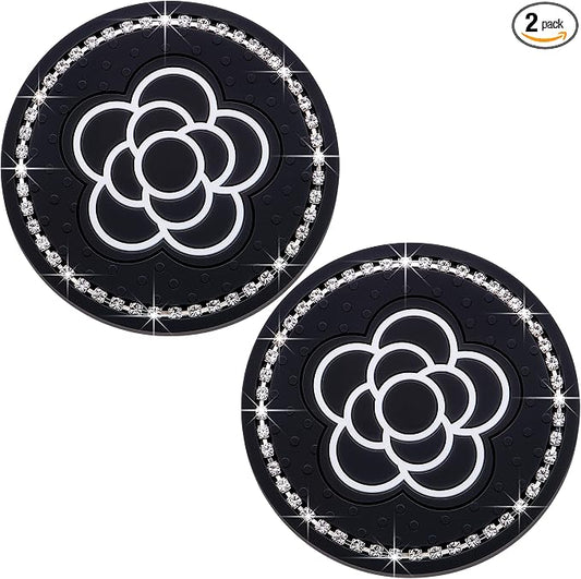 Bling Cup Coaster for Car – 2-Pack 2.75 Inch Silicone Holder Insert, Universal Fit, Anti-Slip & Durable, Decorative Car Accessories (Black Flower)