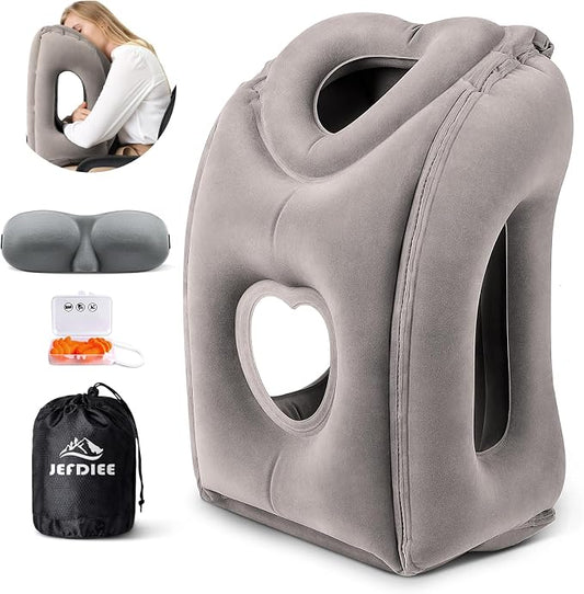 Inflatable Travel Pillow, Airplane Neck Pillow Comfortably Supports Head and Chin for Airplanes, Trains, Cars Office Napping on The Tray Table (Grey)