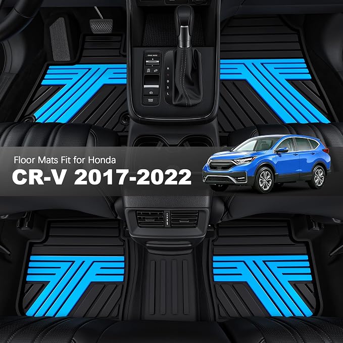 All Weather Rubber Floor Mats for Honda CR-V 2017-2022 (Gasoline & Hybrid) | Custom Fit Heavy Duty Anti-Slip Car Mats for CR-V, 1st & 2nd Row, Black & Blue
