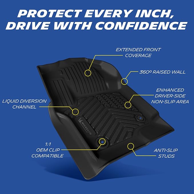 Michelin Vehicle Mats, Premier Series All-Weather TPE Custom Fit Liner for 2017-2026 Ford F250/F350/F450 Super Duty Crew Cab Bucket Seat Carpet Floor with Under Seat Storage
