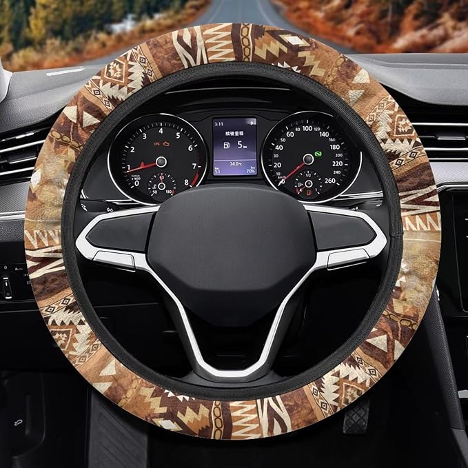 Wanyint Auto Steering Wheel Cover Universal Stretch 15 Inch Anti-Slip Neoprene Car Steering Wheel Protector for Women Men, Aztec Navajo Geometric Brown