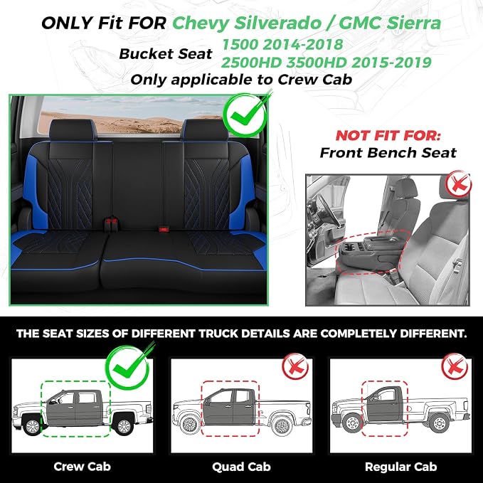 Truck Leather Seat Covers for Chevy Silverado Gmc Sierra 2014-2019 | Crew Cab 1500/2500/3500HD, Bucket Seat, NO Rear Seatback Storage, Scratch-resistant, Easy-clean, Pickup Protector, Full Set