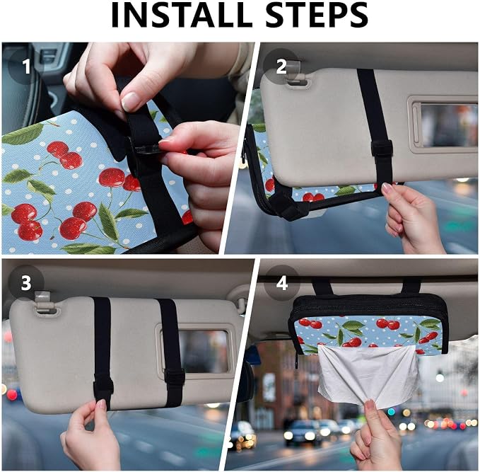 Car Tissue Holder Car Napkin Holder Car Tissue Box Dispenser Storage Case Sun Visor Mask Holder with Adjustable Straps Reusable Refillable Light Blue Dots Red Cherry