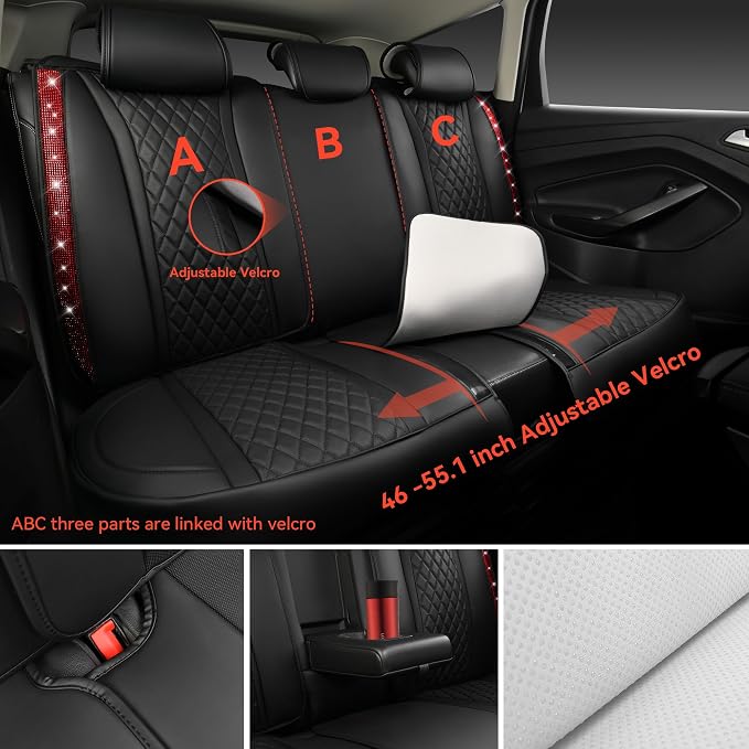 CAR PASS Nappa Leather Bling Diamond Black Red Seat Covers Full Set, Waterproof Calfskin Heavy-Duty Anti-Slip, Universal Fit for 95% Auto SUV Sedan Truck, Glitter Sparkle Shining (Red Rhinestone)