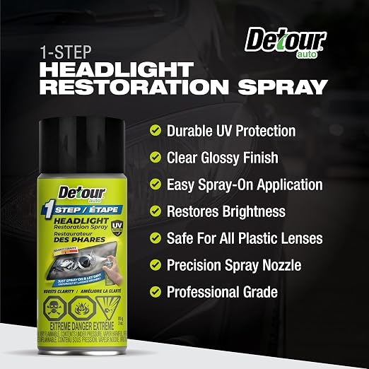 Detour 1-Step Headlight Restoration Spray - 2-in-1 Headlight Coating and Quick Restorer for Plastic Car Headlights, Long-Lasting UV Protection, Easy to Apply, 3 oz
