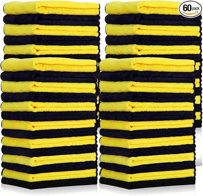 Tallew 60 Pcs Microfiber Towels: 16"x16" Microfiber Drying Towels Bulk Micro Fiber Car Cleaning Cloth for Cars Drying Washing Polishing Cleaning Household Supplies (Black,Yellow)