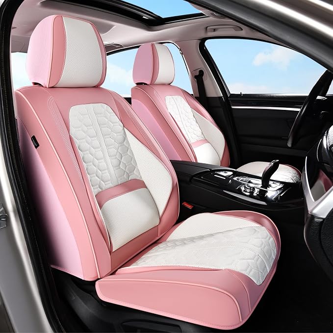 Huidasource Leather Seat Covers for Cars, Front and Rear Car Seat Covers Full Set, Waterproof Automotive Car Seat Cushion Cover 5 Seats Fit for Most Cars SUV Trucks, Pink & White