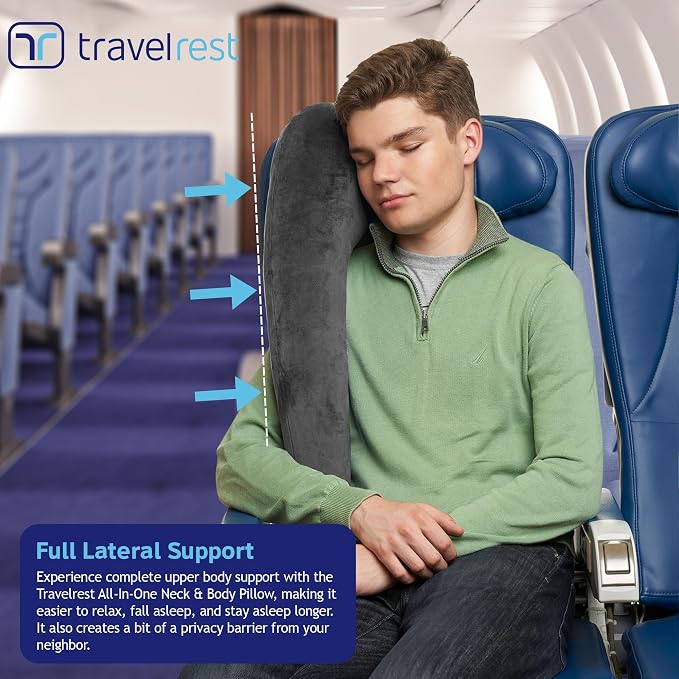 travelrest All-in-One Travel Neck Support & Body Pillow - Airplane Pillow for Long Flight Comfort, Travel Essentials, Sleeping Accessories, Memory Foam, Headrest Support Seat for Car (Grey)