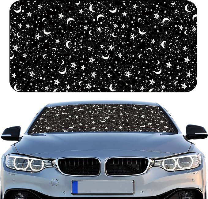 Woanger Windshield Sun Shade Foldable Car Front Window Covers for Car Accessories Sun Heat UV Rays Visor Protector Protection for Universal Cars SUV Truck (Moon Star)