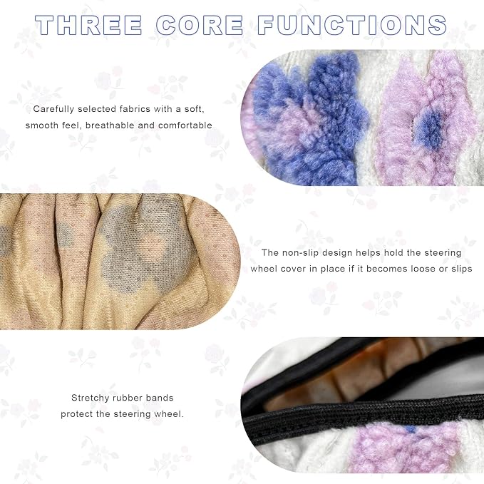 Plush Flowers Steering Wheel Cover, 15 inch Anti-Slip Breathable Steering Wheel Protector Cute Floral Decor, Elastic Soft Wheel Cover Universal Fit for Most Vehicles (Light Purple)