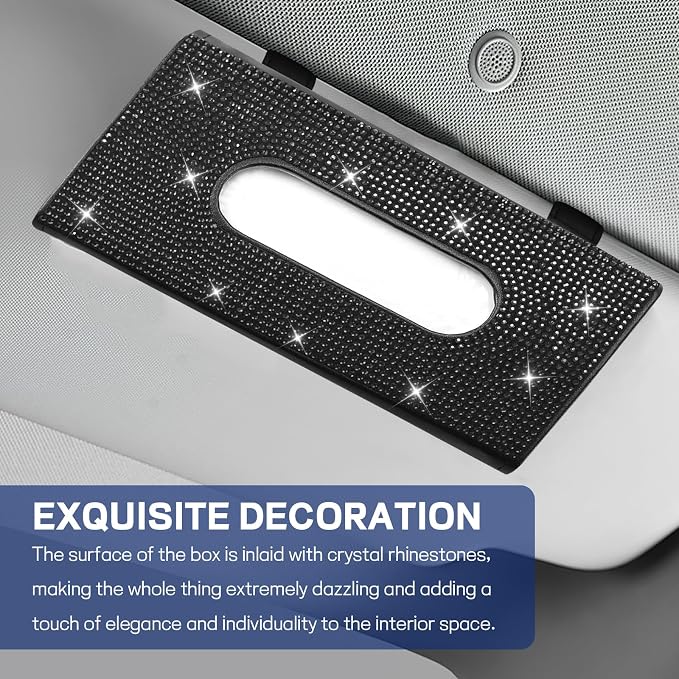 Bling Car Tissue Holder for Sun Visor, Crystal Rhinestone Visor Tissue Box, Leather Vehicle Paper Towel Case, Sparkling Auto Napkin Holder for Women, Car Accessories Decoration (Black)