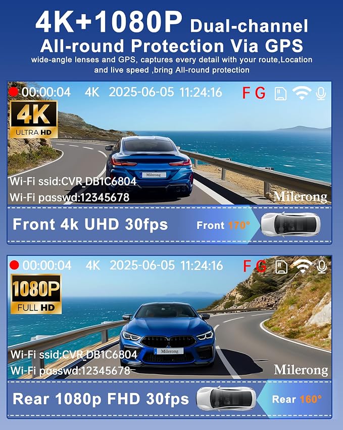 4K Dash Cam Front and Rear Camera with Voice Control | Car Cameras Dashcam for Cars with WiFi, GPS, 64G Card, 24H Parking Monitor, G-Sensor,IR Night Vision,Loop Recording