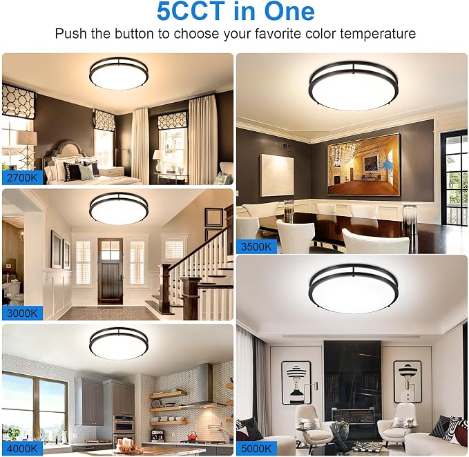 DLLT Flush Mount LED Ceiling Light: 16 Inch 5CCT (3000K-6000K) & Dimmable Ceiling Light Fixtures for Bedroom Hallway - 36W Modern Black Super Bright Kitchen Lighting Fixtures Ceiling