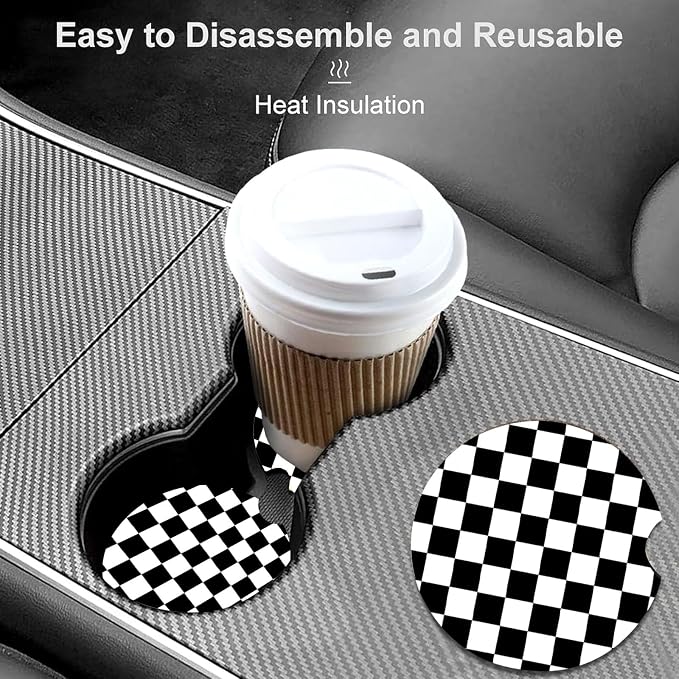 2 Pack Black and White Grid Car Cup Holder Coasters Universal Neoprene Mat | 2.75" Universal Size Anti Slip Rubber Mat,Auto Cup Holder Accessories for SUV Truck, Lattice Design Gifts for Women Men Mom