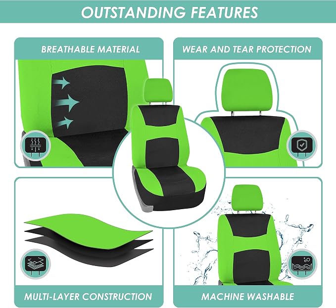 FH Group Car Seat Cover Light Breezy Green Seat Cover Flat Foam Padding Cloth Full Set Automotive Seat Covers, Airbag Compatible & Split Rear Universal Fit Interior Accessories for Cars Trucks and SUV