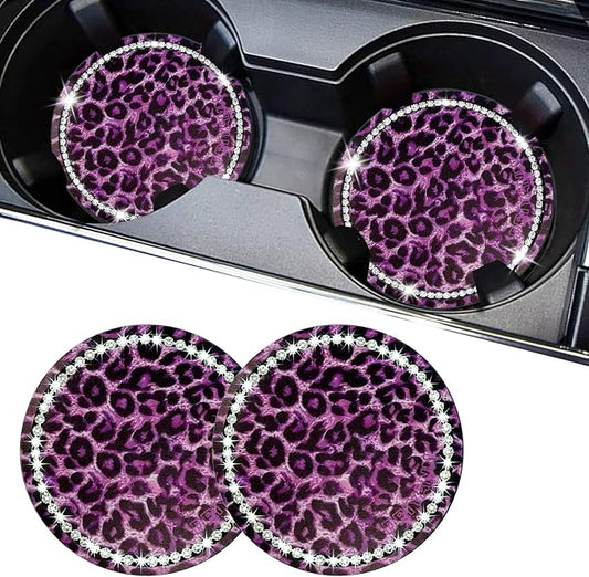 Car Cup Holder Coaster, 2PCS Silicone Car Cup Holder Insert Leopard Print, 2.75" Universal Non-Slip Cup Holders, Interior Car Accessories for Women and Man (Purple)