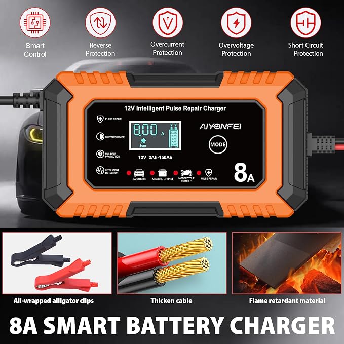 12V Battery Charger 8-Amp Smart Trickle Charger, Orange | Battery Maintainer and Desulfator, Temperature Compensation, for Car, Truck, SUV, Motorcycle, Boat, Lead Acid, LiFePO4