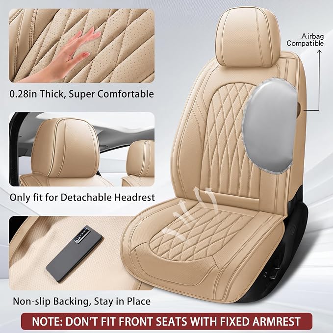 WELLDO Nappa Faux Leather Car Seat Covers Full Set, Beige | Waterproof, Non-Slip Seat Protector, 0.28in Thickened Cushion, Airbag Compatible, Universal for Cars SUV Truck Pickup