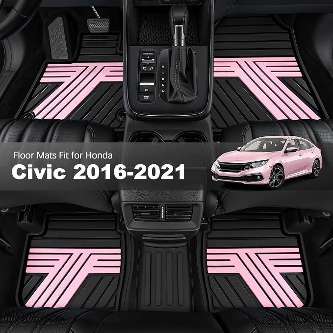 Rubber Floor Mats for Honda Civic Sedan 2016-2021 | All Weather Heavy Duty Car Mats Also Fit for Hatchback 2017-2021 & Coupe 2016-2020, 1st & 2nd Row, Black & Pink
