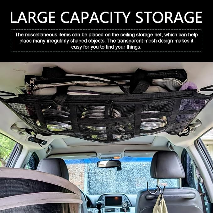 Upgrade Car Ceiling Cargo Net Pocket, 31.5" x 20.9" Double-Layer Mesh Car Roof Storage Organizer, Universal Auto Accessories with Adjustable D-Buckle for SUVs, Road Trips, Camping Essentials