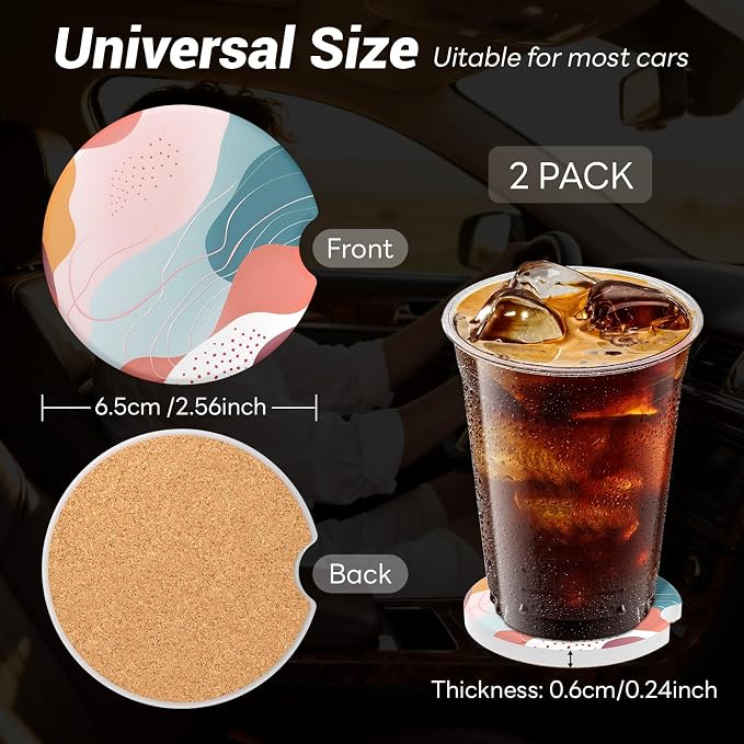 2 Pack Ceramic Car Coasters for Cup Holder, 2.56 in Anti Slip Absorbent Coaster with Cork Base and Finger Notch, Funny Cute Car Accessories for Women, Boho Lines