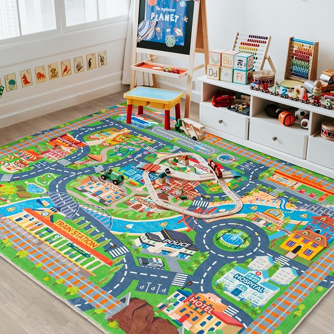 Car Rug Play Mat, Road Traffic Playmat 4'x5' | Non-Slip Machine Washable Town City Race Track Carpet for Learn and Have Fun Classroom Rugs 4'x5'/ 48" x60