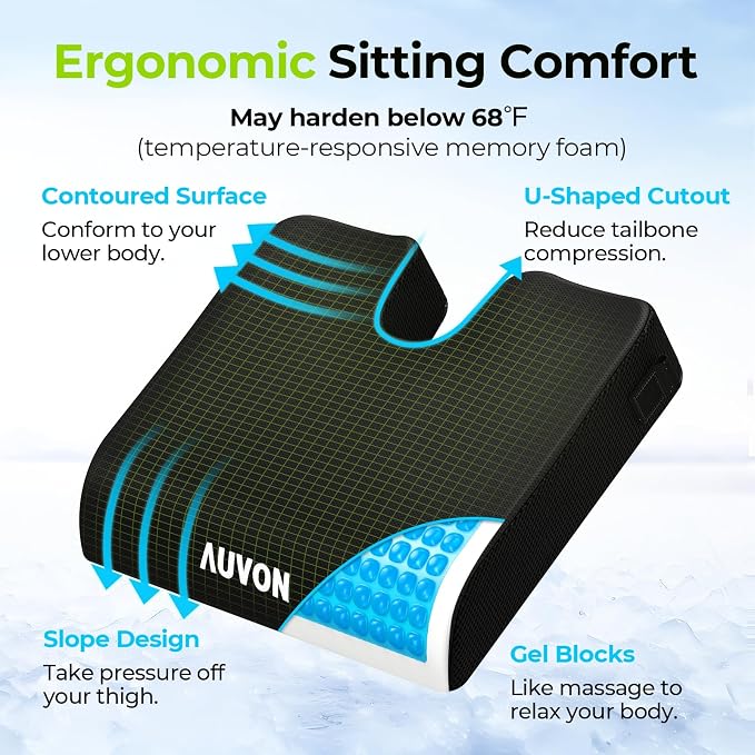 AUVON Gel Wheelchair Seat Cushion with Waterproof Cover, Anti-Sore & Ulcer | Ergonomic Chair Cushion with U-Cutout for Tailbone, Back Pain Relief, Memory Foam Cushion for Office, Anti-Slip, Buckle Strap