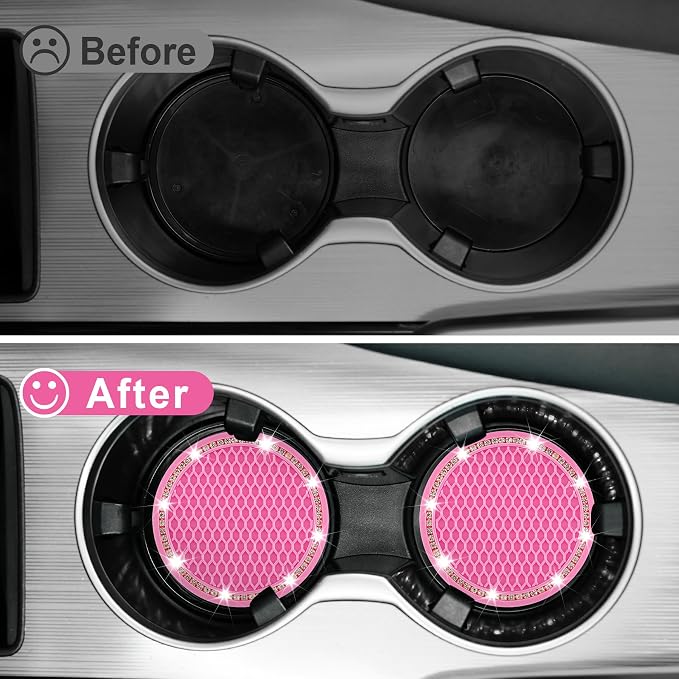 JUSTTOP Car Cup Holder Coaster, 2 Pack Universal Auto Anti Slip Cup Holder Insert Coaster, Bling Crystal Rhinestone Car Interior Accessories-Deep Pink