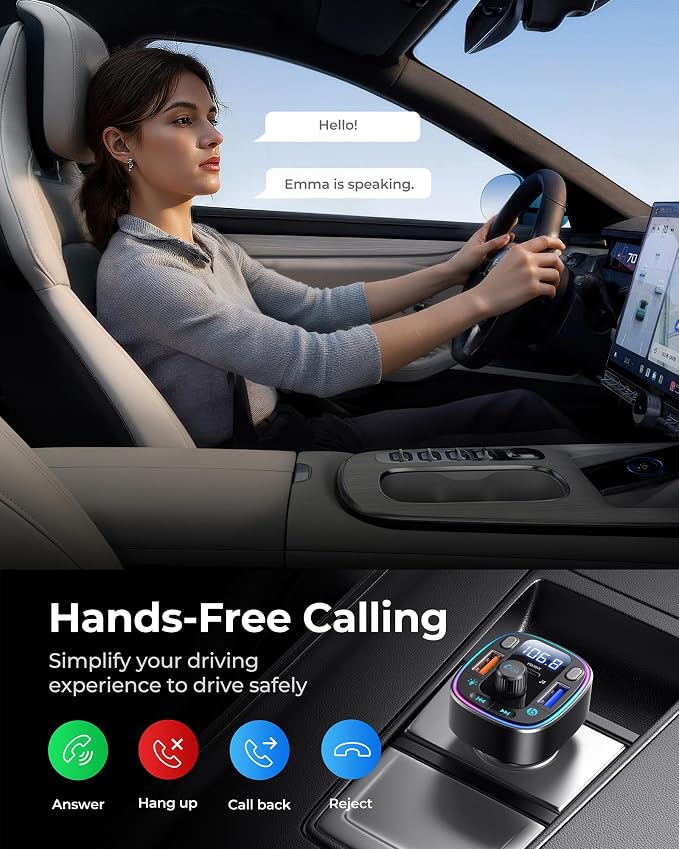 LENCENT Bluetooth 5.4 Car Adapter FM Transmitter 54W Fast Charging | Dual Mics, HiFi Bass Sound, 2 Modes LED Backlit, Cigarette Lighter Adapter Hands-Free Calling Radio, Support USB Drive
