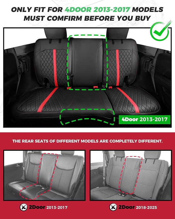 for Jeep Wrangler Seat Covers 4Door JK 2013 2014 2015 2016 2017, Custom Car Seat Cover Full Set, Luxury Leather Seat Protectors, Waterproof SUV Interior Cushions Accessories, Black Red Trim