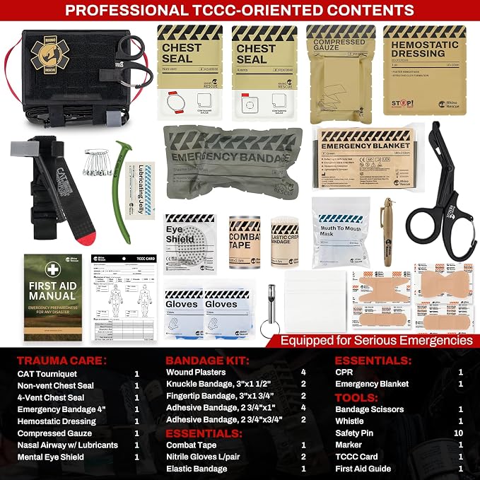 RHINO RESCUE Car Tactical IFAK Trauma Kit with C-A-T Tourniquet | TCCC Compliant, Quick Release, First Aid Kits for Vehicles, Molle Pouch for Military, Combat, Car, Van, ATV