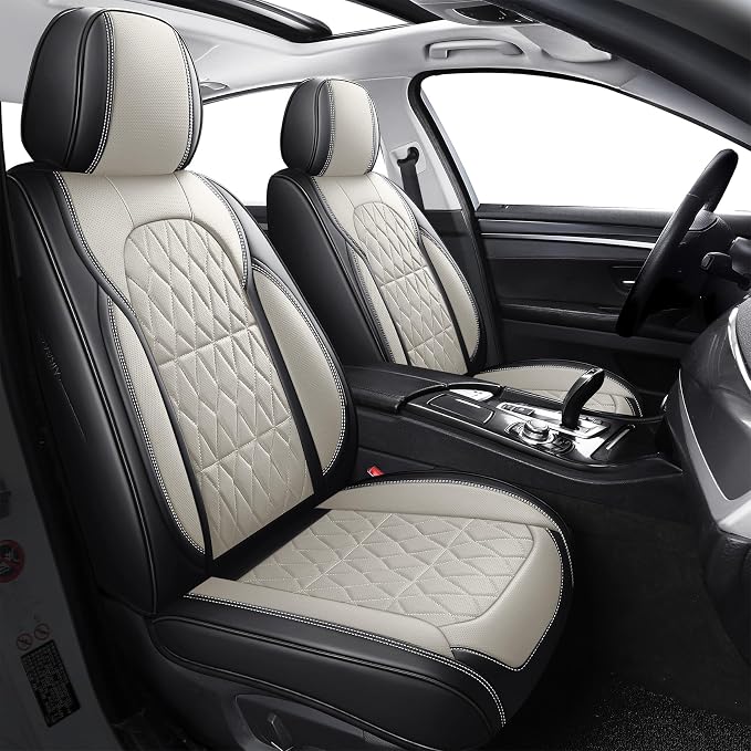 Aierxuan Front Pair Car Seat Covers Anti-Slip Faux Leather, Black-Beige | 360° Coverage Universal Fit Honda Acura Nissan Altima Rogue Honda Accord Hybrid CRV Civic Lexus BMW Audi Infiniti