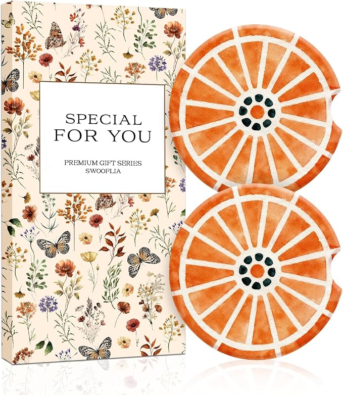 Swooflia 2 Pack Absorbent Ceramic Car Coasters for Women - 2.55 Inch Lemon Orange Car Cup Holder Coasters with Cork Base, Funny Car Accessories, New Driver Gifts