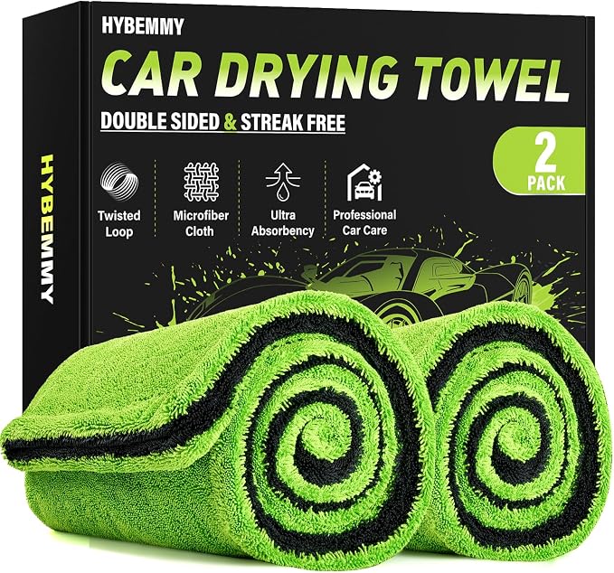2 Pack Car Drying Towels – Microfiber Towels for Cars (36" x 24"), Ultra-Absorbent, Streak-Free, Scratch-Free, No Water Spots, Double-Twist Pile & Edgeless Design, Green