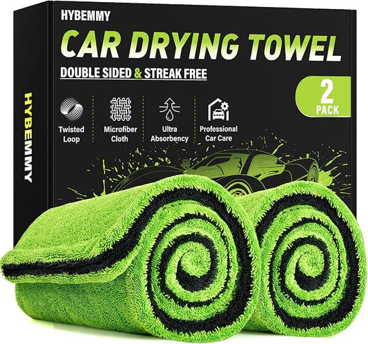 2 Pack Car Drying Towels – Microfiber Towels for Cars (36" x 24"), Ultra-Absorbent, Streak-Free, Scratch-Free, No Water Spots, Double-Twist Pile & Edgeless Design, Green