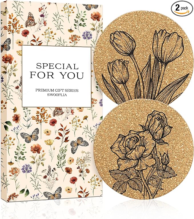 Swooflia Car Coasters for Women - Flower Cork Car Cupholder Coaster Cool Absorbent Mat Coaster with Cork Base 2 Pack Automotive Cup Holder Accessories New Driver Gifts for Decor