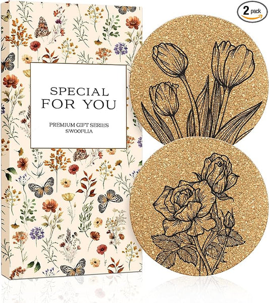 Swooflia Car Coasters for Women - Flower Cork Car Cupholder Coaster Cool Absorbent Mat Coaster with Cork Base 2 Pack Automotive Cup Holder Accessories New Driver Gifts for Decor