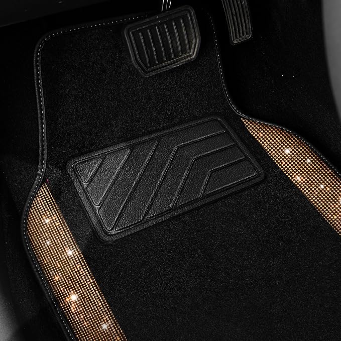 CAR PASS Bling Diamond Car Floor Mats, Shining Rhinestone Carpet Sparkly Glitter Crystal with Anti-Slip PVC Heel Pad Waterproof Universal Fit Automotive SUV,Sedan,Van,Cute Girl Women,4pcs Golden