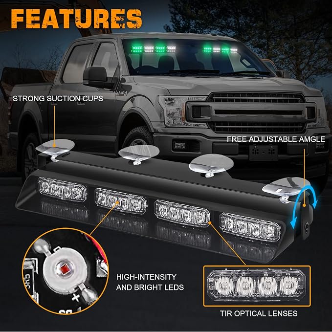 XRIDONSEN 2x 14 inch Green White Emergency Dash Lights 32 LED Strobe Lights | Interior Safety Flashing Warning Hazard Caution Front/Rear Windshield Light Bar w/ Controller for Vehicles Trucks Car