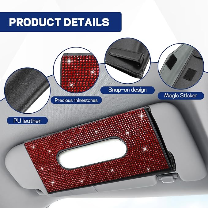 Bling Car Tissue Holder for Sun Visor, Crystal Rhinestone Visor Tissue Box, Leather Vehicle Paper Towel Case, Sparkling Auto Napkin Holder for Women, Car Accessories Decoration (Red)