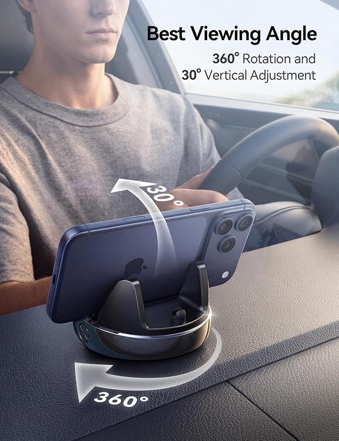 JOYROOM Car Phone Holder Mount, 360 Degree Rotation Dashboard Phone Holder | 30°Vertical Adiustment, Anti-Slip Grip & Adjustable Spring Clip Phone Holder for Car, Compatible with Smartphones, GPS Device