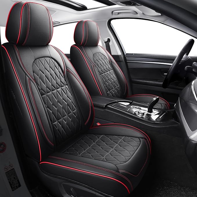 Aierxuan 2 Front Seat Covers Waterproof Leather Full Coverage, Black-Red | Universal Fit Toyota 4Runner Corolla Chr Focus Fiesta Fusion Escape Explorer Audi Q3 Q5 K900 Forte Sedona Stinger
