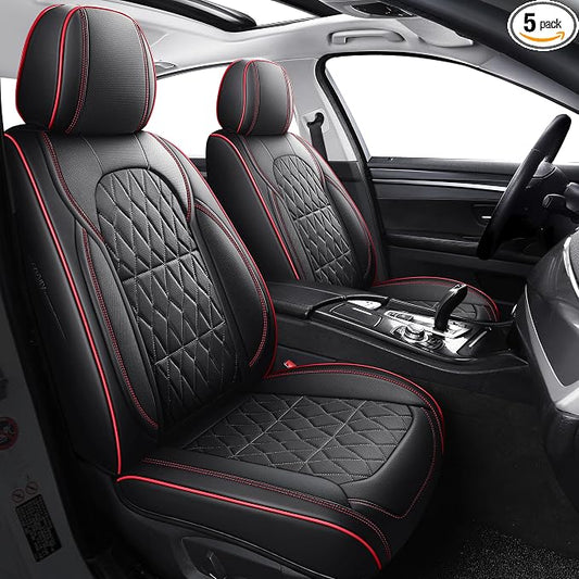 Aierxuan Leather Car Seat Covers 360° Coverage Full Set, Black-Red | Protector Universal Fit Ford Focus Hyundai Elantra Honda Civic Toyota Corolla Nissan Murano Altima Rogue