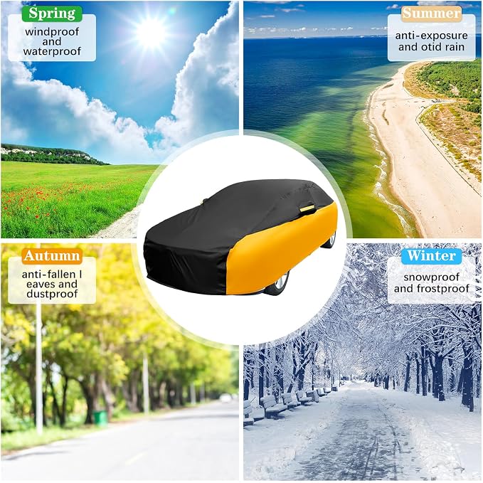 Riakrum Full Car Cover Waterproof All Weather for Automobiles Windproof Cover Rain UV Protection Sun Scratch Resistant Outdoor Universal(Fit XL SUV Length (191-205''),Black, Orange)