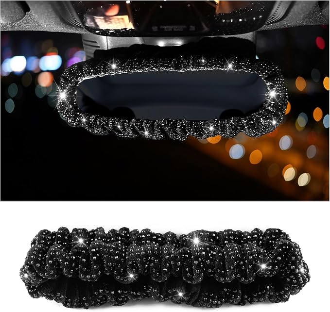 Bling Rear View Mirror Cover with Crystal Rhinestones,Fluffy Car Mirror Cover Car Decor for Women,Universal Rear View Mirror Accessories for Most Cars,SUVs,Trucks (Black Diamond)