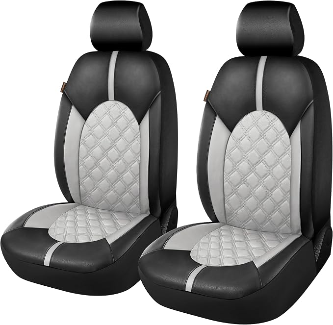 CAROMOP Luxury PU Leather Car Seat Covers Front Set, Anti-Stain Waterproof Automotive Seat Covers for Cars, Universal Car Interior Covers Seat Protectors for SUVs Pick-up Trucks(Dove Gray)