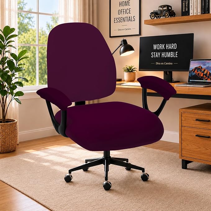 Stretchable Desk Office Chair Seat Covers - Universal Spandex Computer Chair Slipcover - Removable Washable Rotating Backrest Coverings & Cushion Protectors & Armrest Covers for Dogs, Cats, Pets, Plum