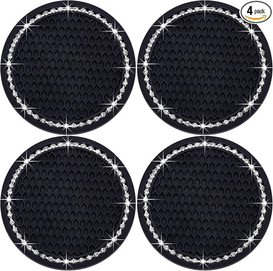 4PCS Bling Cup Holder Coaster, 2.75 Inch Auto Car Cup Holder Insert Coasters, Soft Silicone Anti-Slip Shockproof, Universal Vehicle Interior Accessories for Women Girls (Black & White)