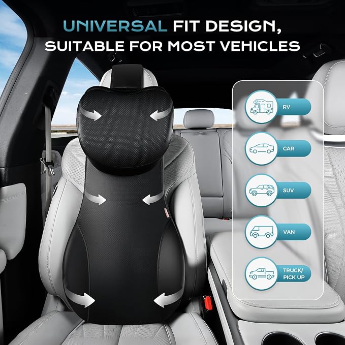 Coverado Car Seat Cushion and One Piece Lumbar Support Headrest Pillow, Adjustable Velcro Design Car Neck Pillow, Ergonomic Memory Foam Car Back Support Driving Seat Cushion for Back Pain Relief,Black