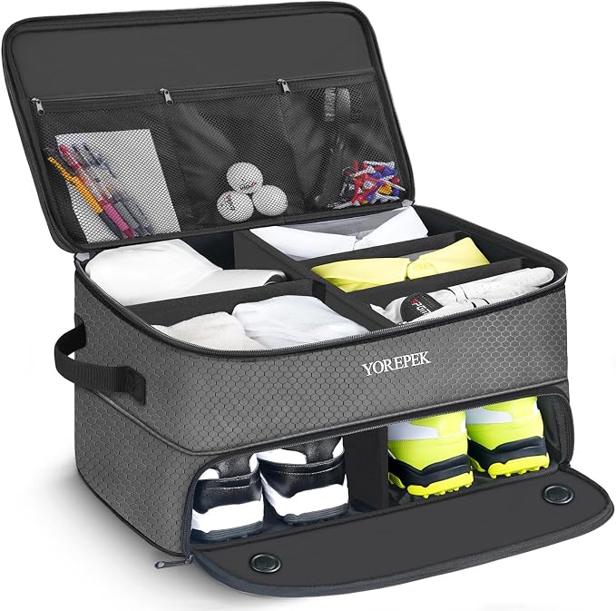 YOREPEK Golf Gifts for Men, 2 Layer Golf Trunk Organizer for 2 Pair Shoes | Waterproof Car Trunk Locker with Separate Ventilated Compartment for Balls, Tees, Clothes, Gloves, Birthday Gifts for Golfers